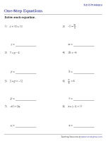 One-Step Equations - 8 Problems per Page