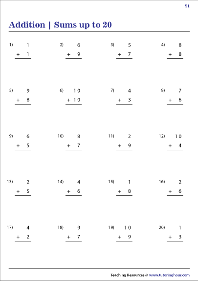 Addition within 20 Worksheets | Sums up to 20