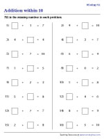 Missing Numbers - Horizontal Addition within 10