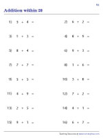 addition 20 worksheets Single-Digit Addition - Horizontal