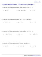 Evaluating Algebraic Expressions with Integers - Add-Sub - Worksheet 1