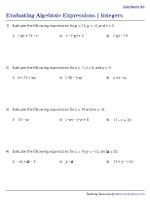 Evaluating Algebraic Expressions with Integers | Add-Sub | Worksheet #2