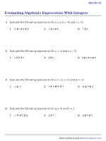 Evaluating Algebraic Expressions with Integers - Mul-Div - Worksheet 1