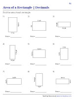 Area of Rectangles with Decimal Side Lengths Worksheets