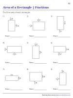 Area of Rectangles with Fractional Side Lengths Worksheets
