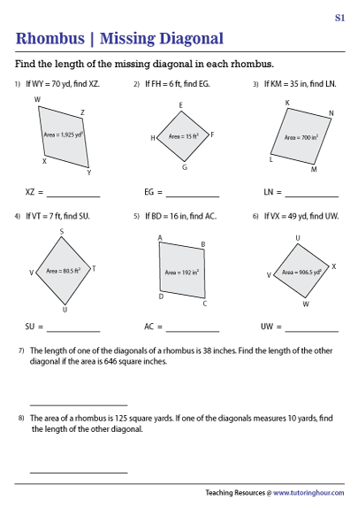 Find the Missing Diagonal of a Rhombus from Area Worksheets