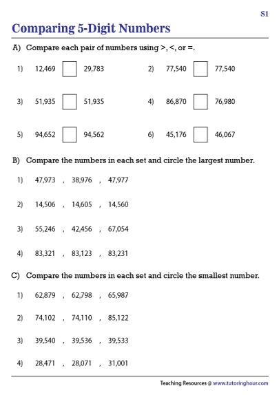 Comparing 5 Digit Numbers Worksheets