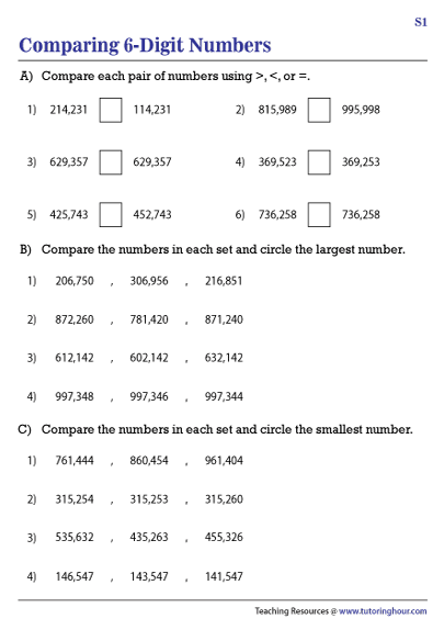 Comparing 6 Digit Numbers Worksheets