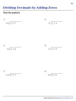 Dividing Decimals by Adding Zeros Worksheets