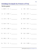 Dividing Decimals by Powers of Ten Worksheets