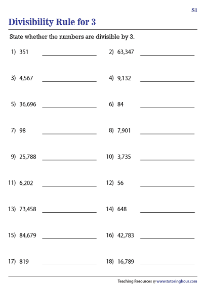 Divisibility Rule For 3 Worksheets