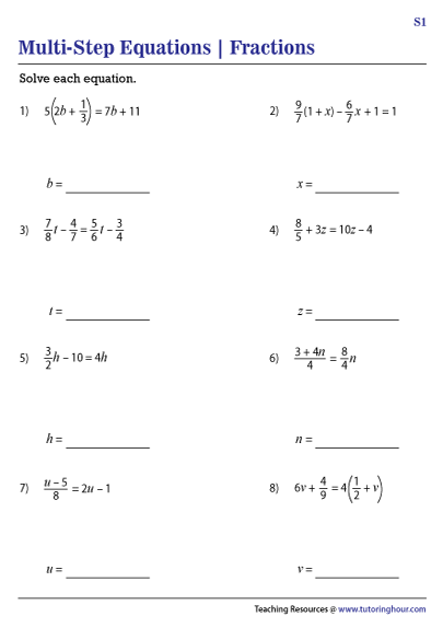 One Step Equations Fractions Worksheet