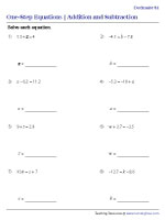 Addition and Subtraction - One-Step Equation Worksheets