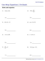 Decimals - Mixed Operations - One-Step Equation Worksheets