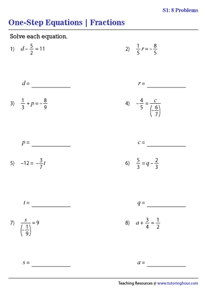 One Step Equations With Fractions And Mixed Numbers Worksheet