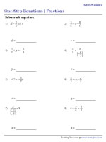 Fractions - Mixed Operations - One-Step Equation Worksheets