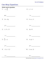 One-Step Equations - 10 Problems per Page