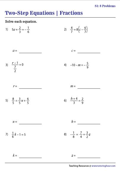 Two-Step Equations with Fractions Worksheets