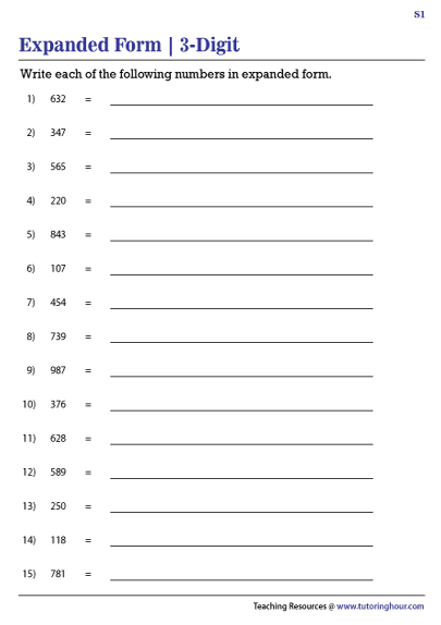 First Grade Expanded Form 3 Digit Numbers Worksheets
