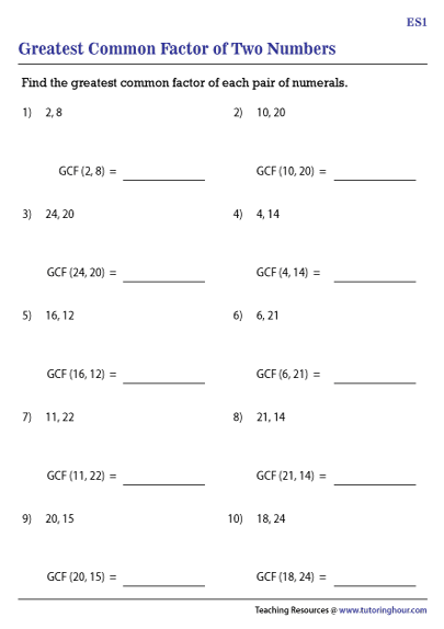 GCF Of Two Numbers Worksheets