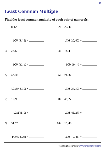 Least Common Multiple (LCM) Worksheets