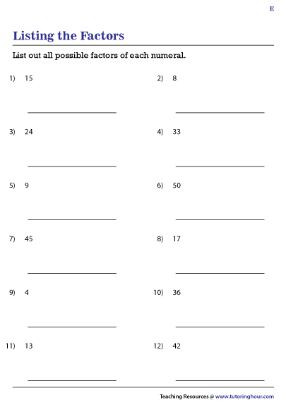 Finding Factors Of A Whole Number Worksheets