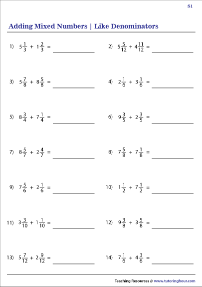 Add Mixed Numbers With Like Denominators Worksheet