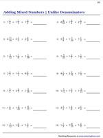 Adding 3 Mixed Numbers with Unlike Denominators | Worksheet #2