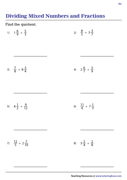 Dividing Fractions And Mixed Numbers Worksheet 6th Grade