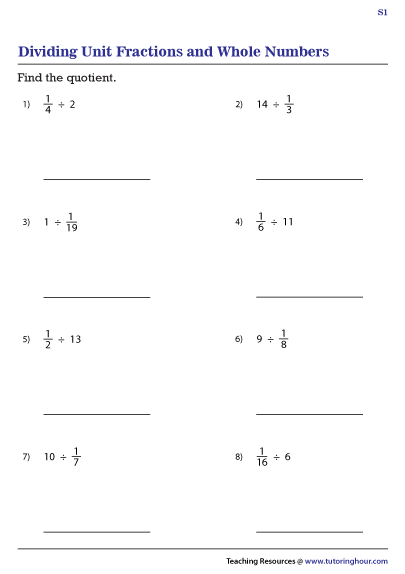 Unit Fractions Divided By Whole Numbers Worksheet