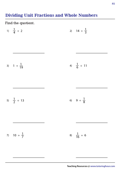 Dividing Unit Fractions With Whole Numbers Worksheets