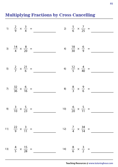 multiplying fractions by cross cancelling worksheets