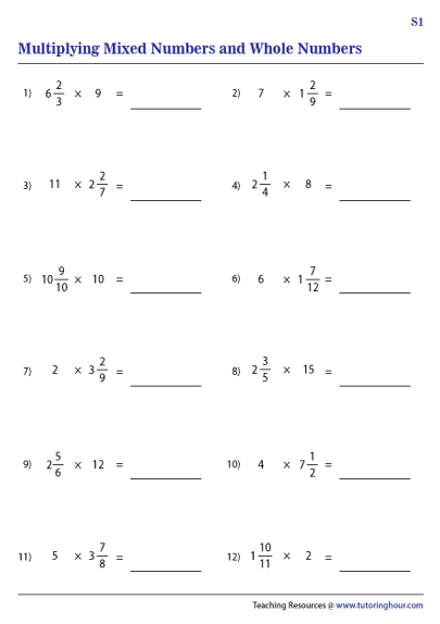 Multiplication Mixed Numbers Worksheet
