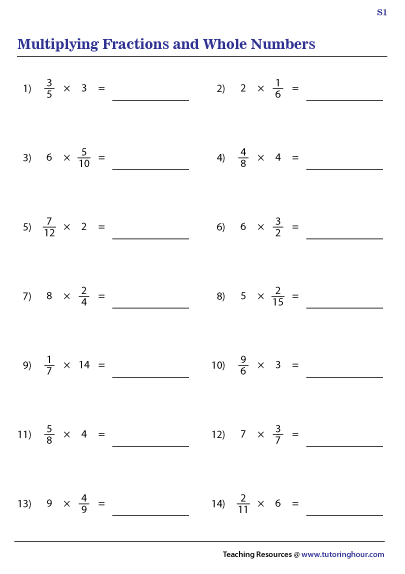 Multiplying Fractions with Whole Numbers Worksheets