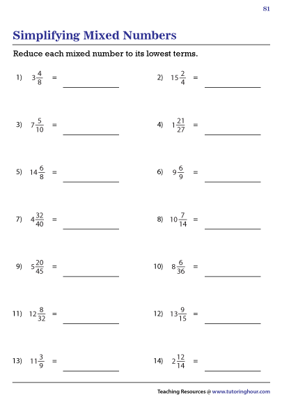 Simplifying Mixed Numbers Worksheets