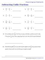 Subtracting Unlike Fractions with Word Problems