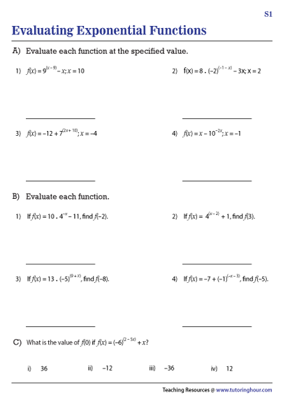 Evaluating Exponential Functions Worksheets