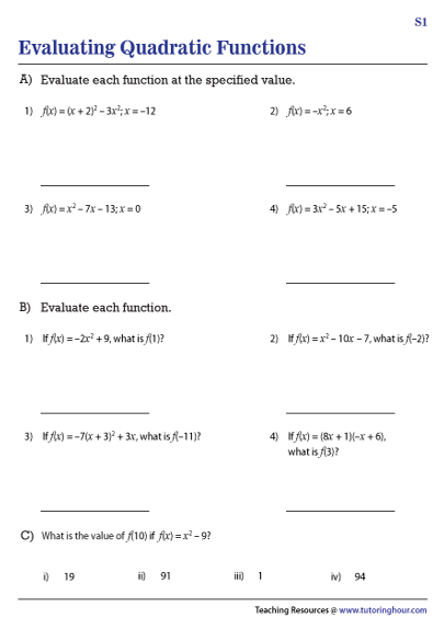 Evaluating Quadratic Functions Worksheet With Answers Pdf