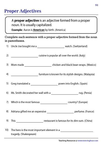 Proper Adjectives Worksheet