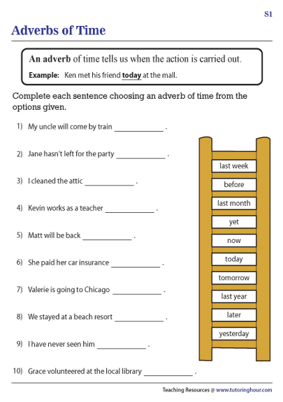 Adverbs Of Time Place And Manner Worksheets With Answers Adverbs 10 