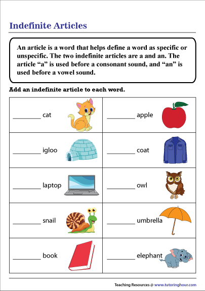 Indefinite Articles Worksheet