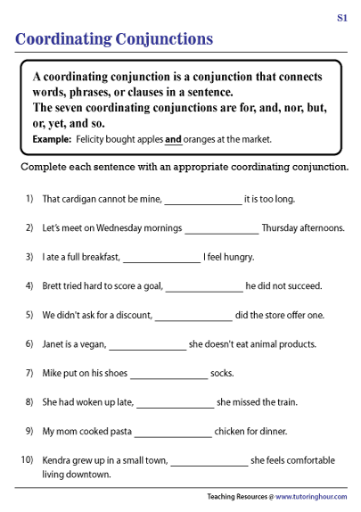 Worksheet On Coordinating Conjunctions For Class 7