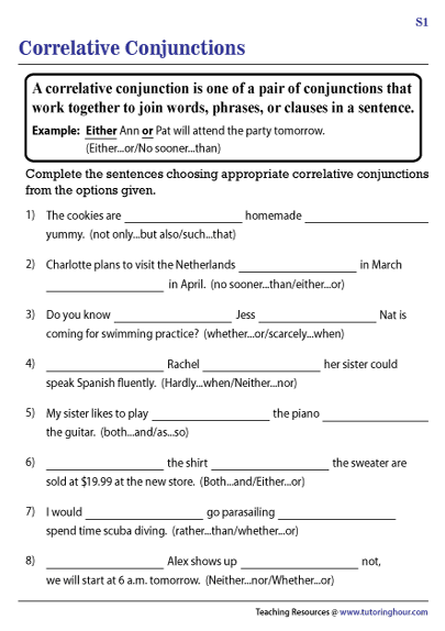 Correlative Conjunctions Worksheets