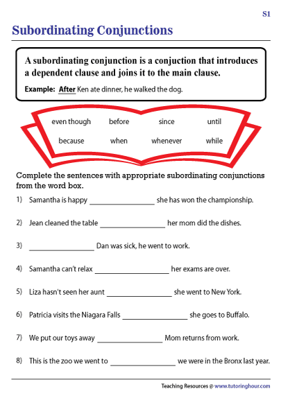 Subordinating Conjunctions Exercises For Grade 6