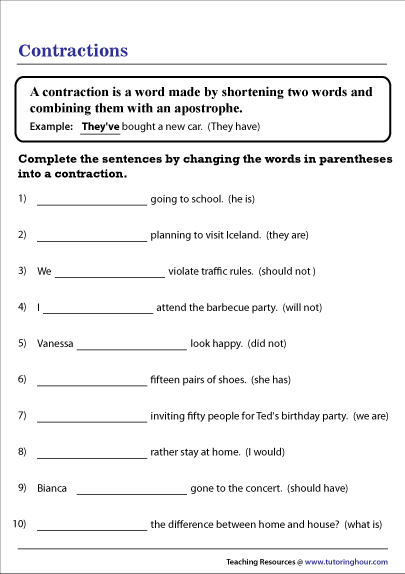 Contractions in Sentences Worksheet