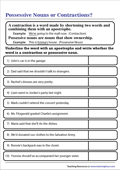 distinguish between possessive nouns and contractions worksheet