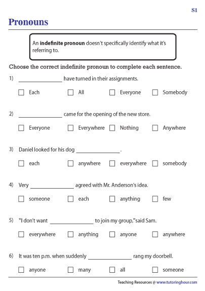 Indefinite Pronoun Agreement Worksheet
