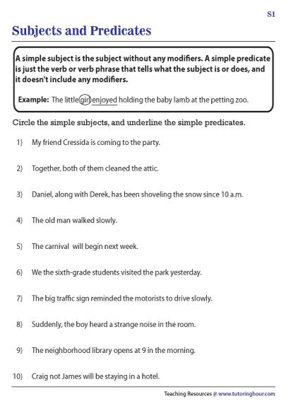 Simple Subjects and Simple Predicates Worksheets