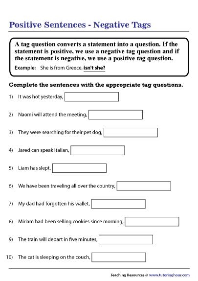 Negative Tag Question Worksheet