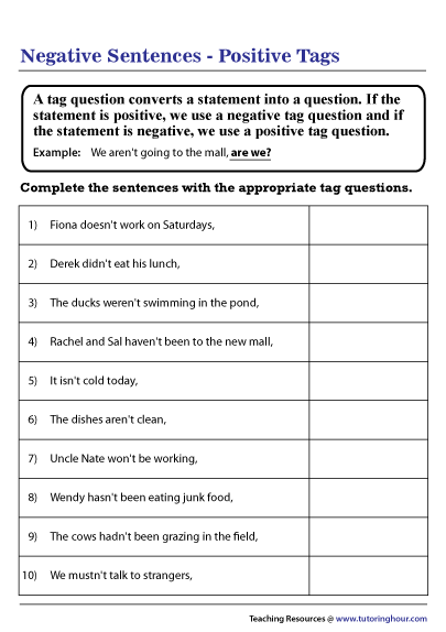 positive tag question worksheet
